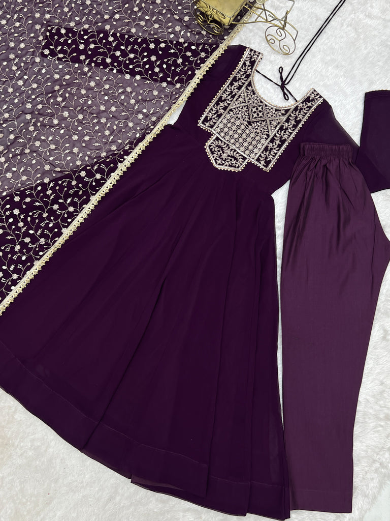 Radiant Wine Zari Embroidery Georgette Traditional Anarkali Suit