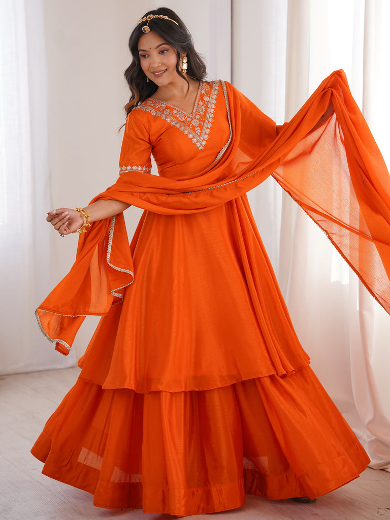Dazzling Orange Thread Work Chinon Festive Wear Palazzo Suit