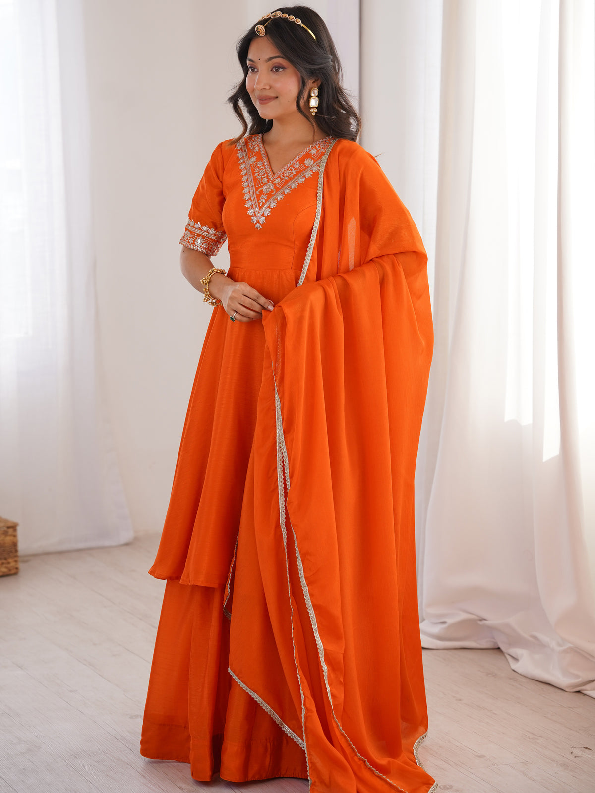 Dazzling Orange Thread Work Chinon Festive Wear Palazzo Suit