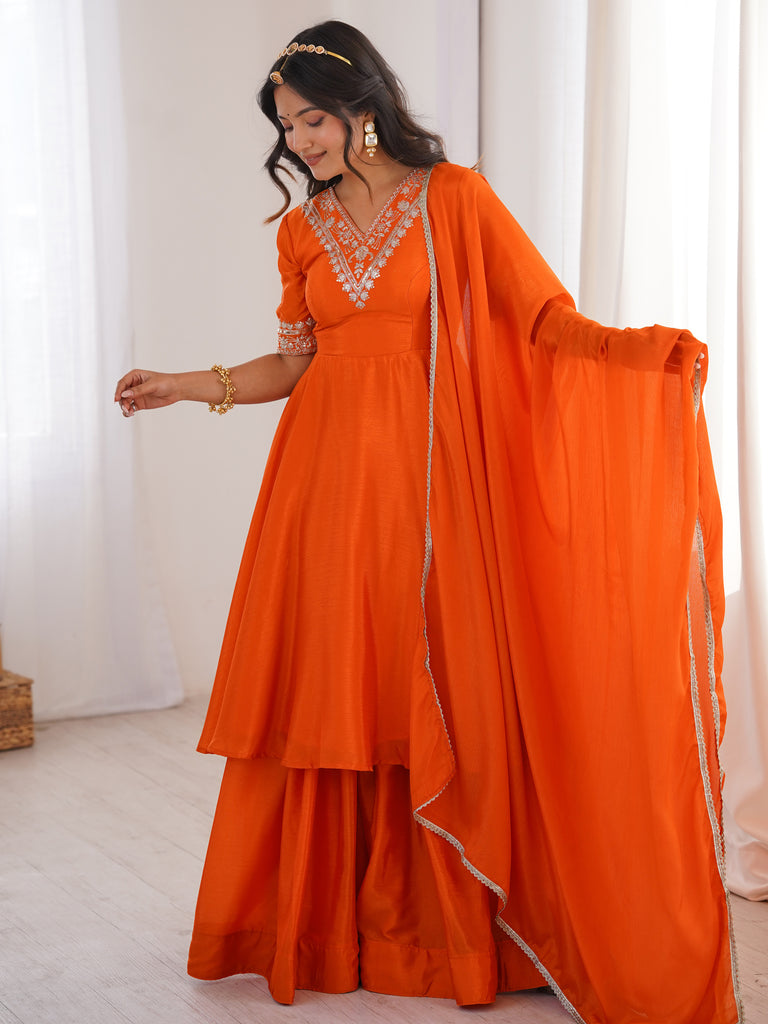 Dazzling Orange Thread Work Chinon Festive Wear Palazzo Suit