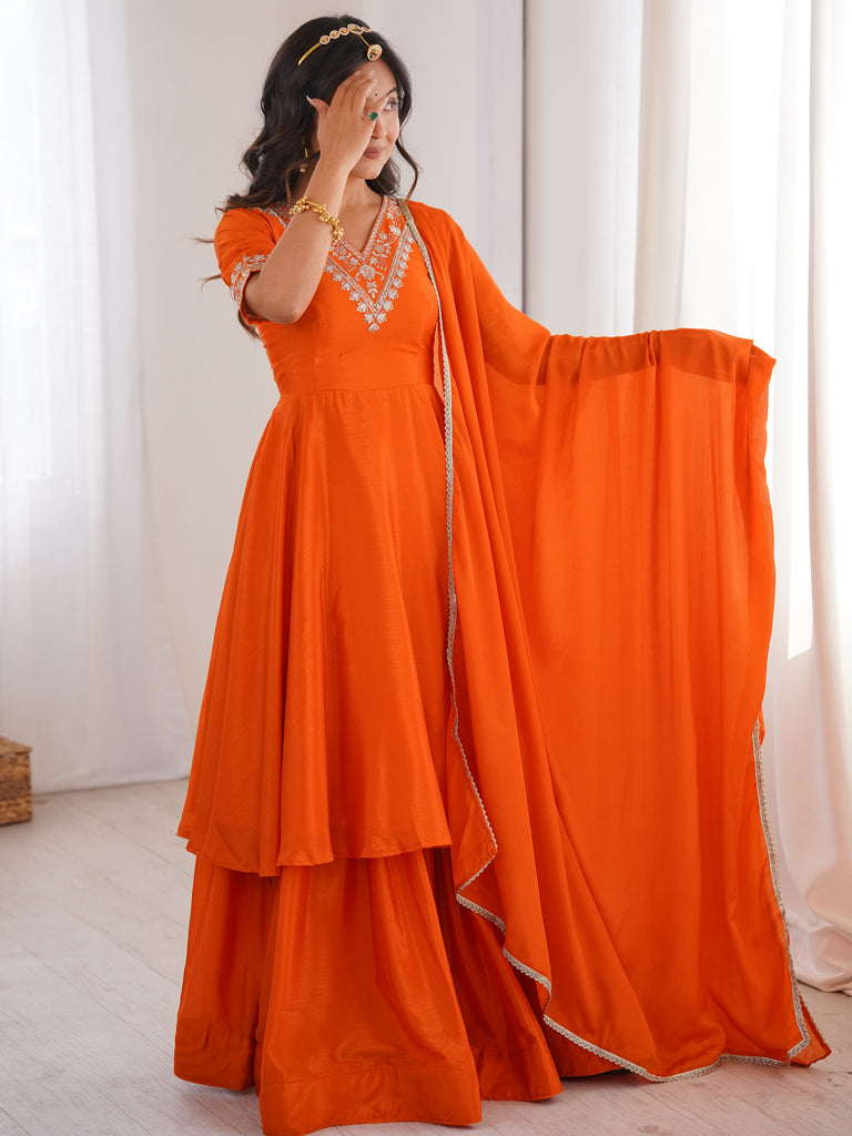 Dazzling Orange Thread Work Chinon Festive Wear Palazzo Suit