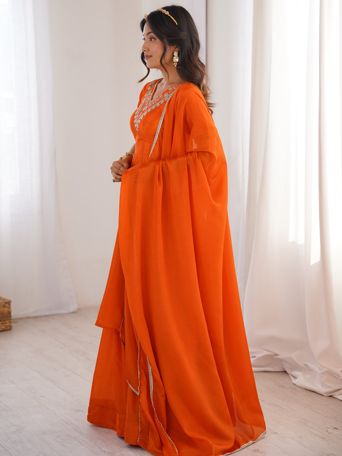 Dazzling Orange Thread Work Chinon Festive Wear Palazzo Suit