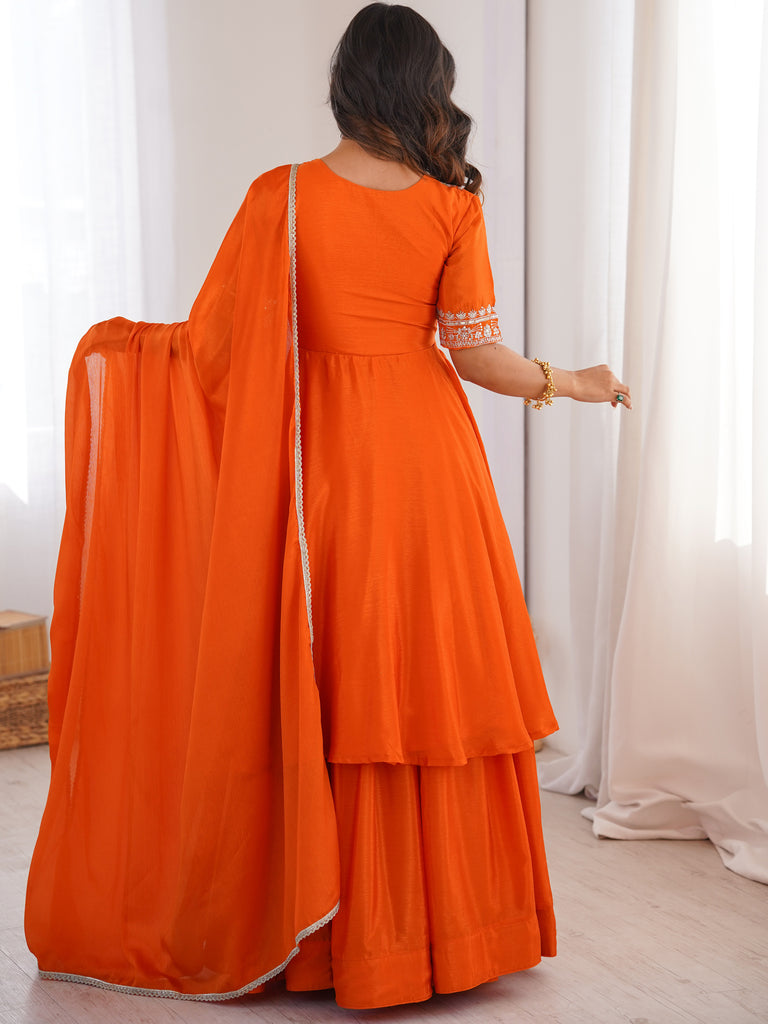 Dazzling Orange Thread Work Chinon Festive Wear Palazzo Suit