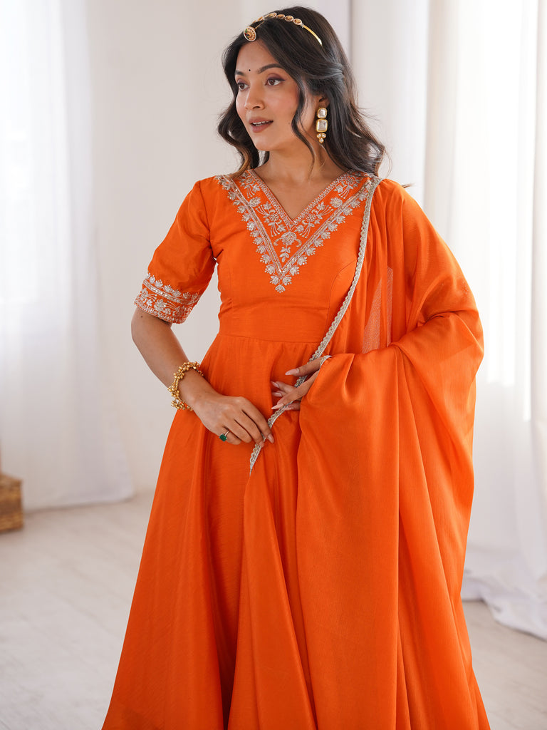 Dazzling Orange Thread Work Chinon Festive Wear Palazzo Suit