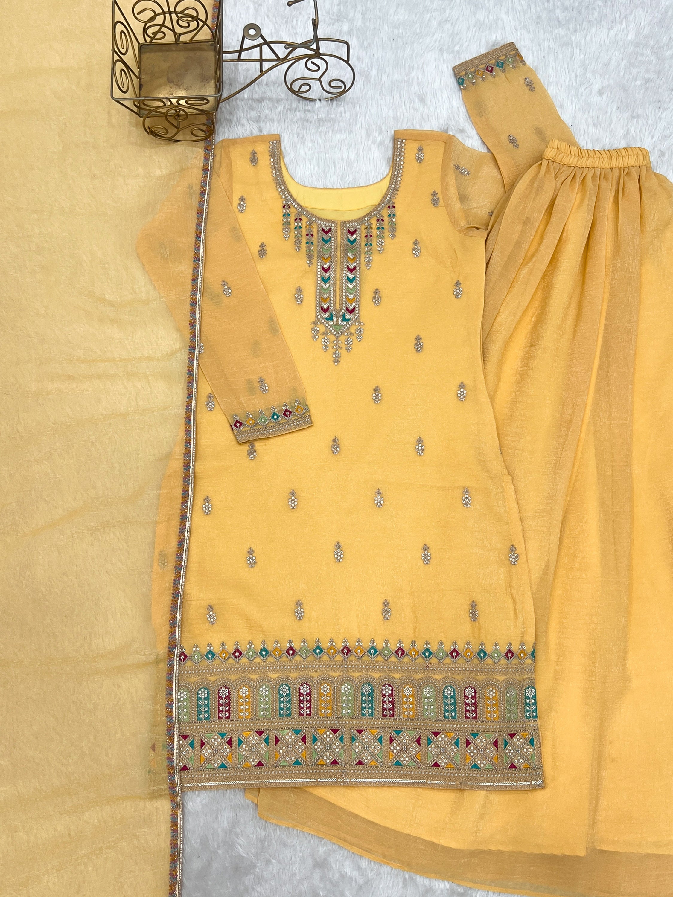 Superb Yellow Dori Embroidered Silk Haldi Wear Sharara Suit 