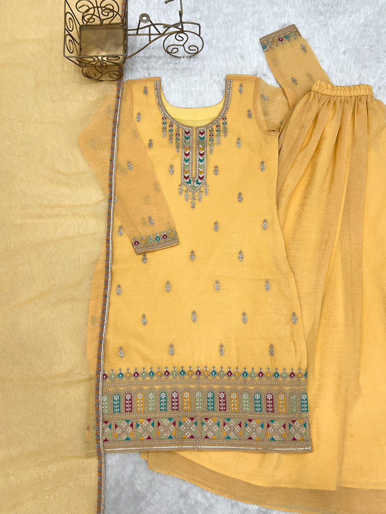 Superb Yellow Dori Embroidered Silk Haldi Wear Sharara Suit 