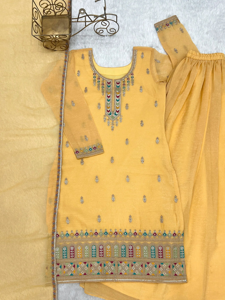 Superb Yellow Dori Embroidered Silk Haldi Wear Sharara Suit