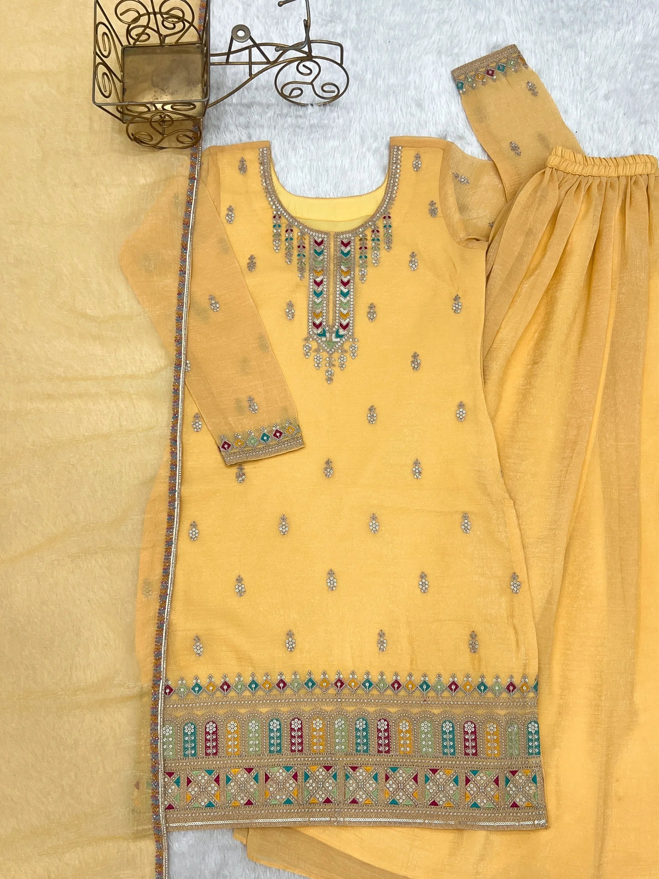 Superb Yellow Dori Embroidered Silk Haldi Wear Sharara Suit