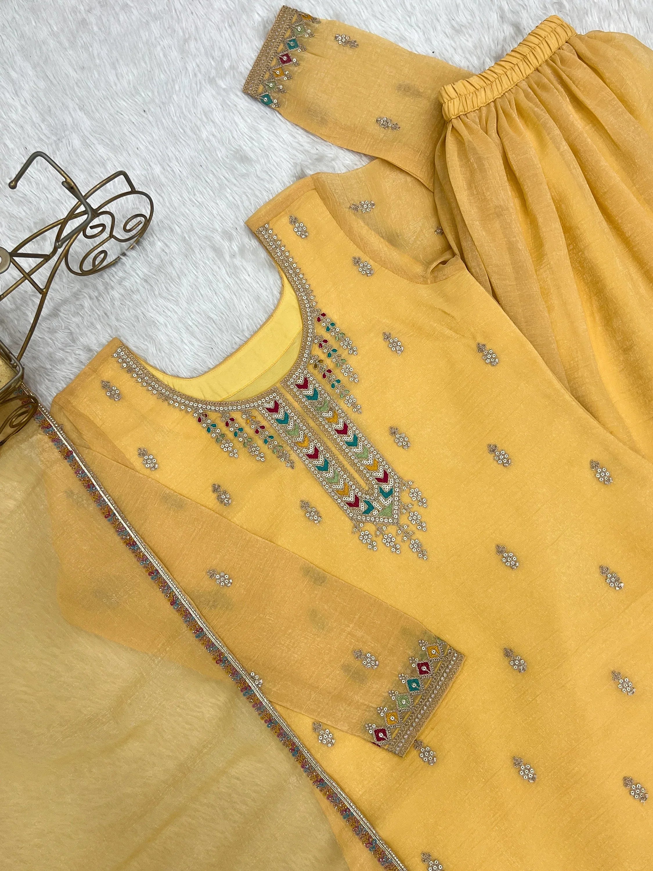 Superb Yellow Dori Embroidered Silk Haldi Wear Sharara Suit