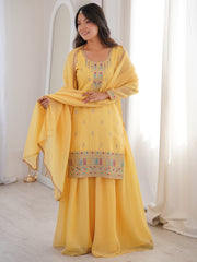 Superb Yellow Dori Embroidered Silk Haldi Wear Sharara Suit 