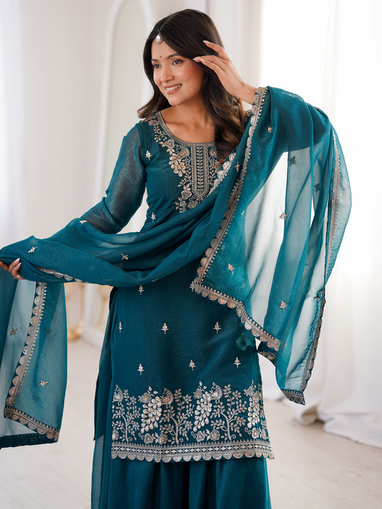 Classis Teal Blue Thread Work Silk Wedding Wear Sharara Suit