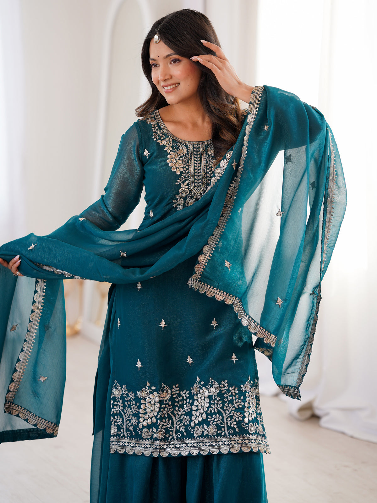 Classis Teal Blue Thread Work Silk Wedding Wear Sharara Suit