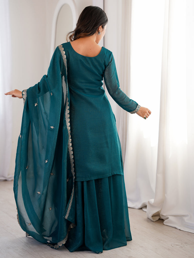 Classis Teal Blue Thread Work Silk Wedding Wear Sharara Suit