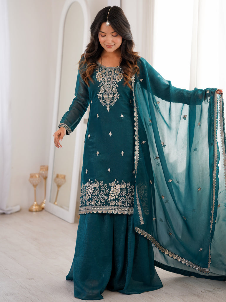 Classis Teal Blue Thread Work Silk Wedding Wear Sharara Suit