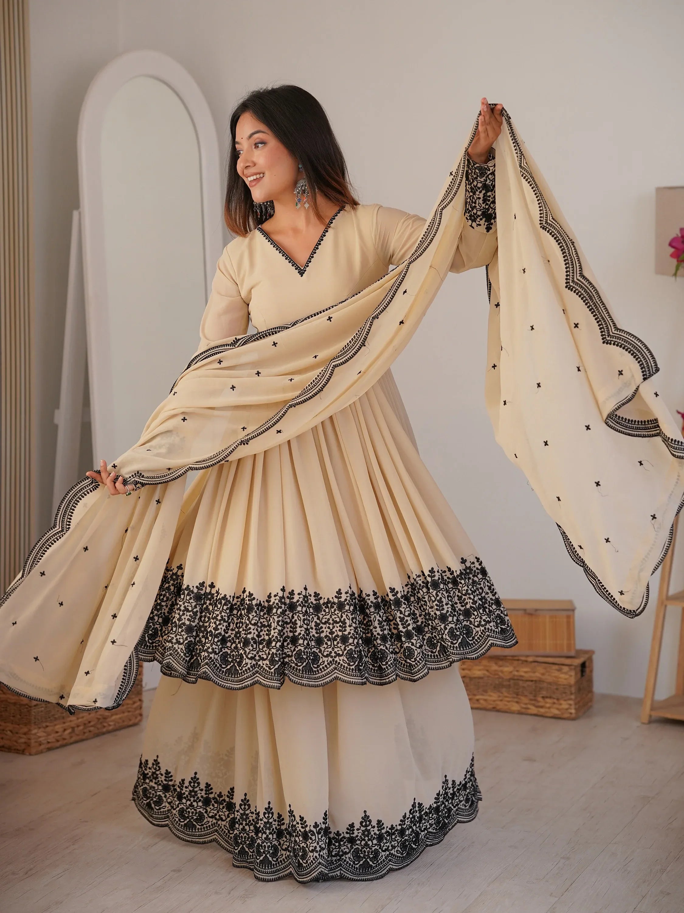 Attractive White Thread Work Georgette Festival Wear Palazzo Suit