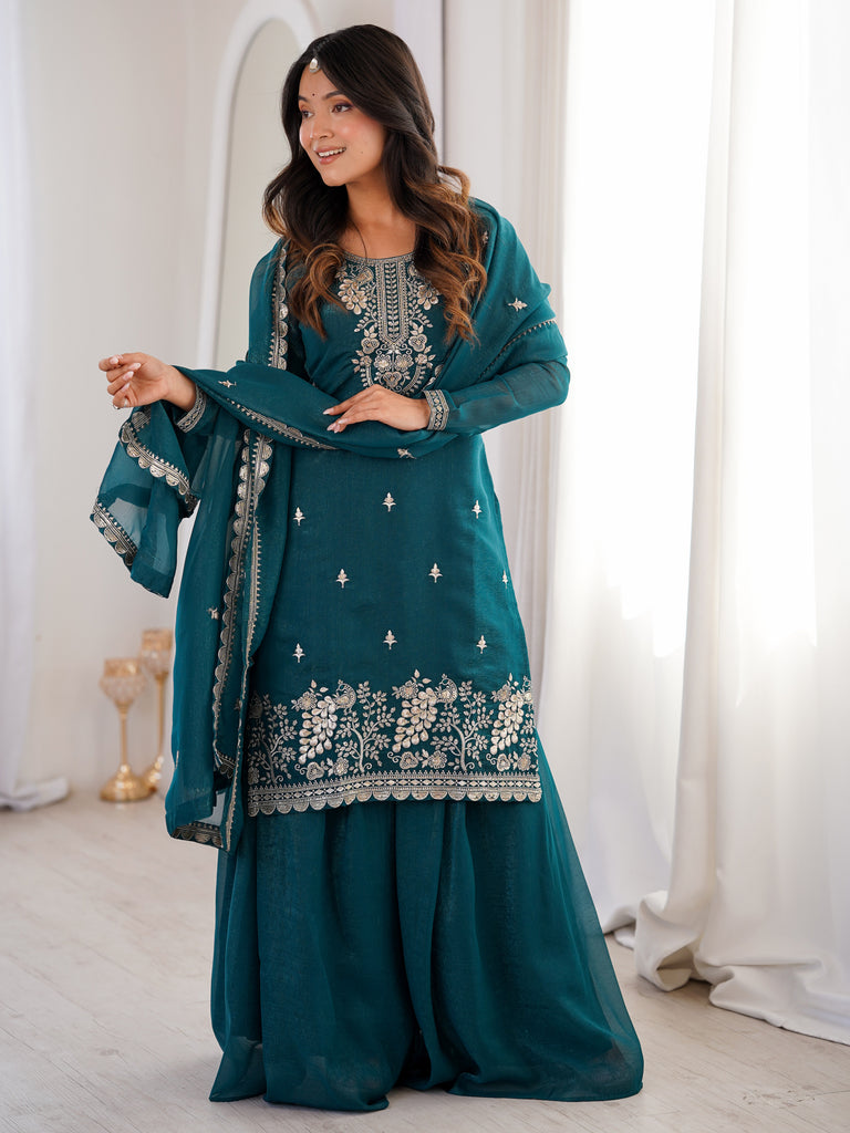 Classis Teal Blue Thread Work Silk Wedding Wear Sharara Suit