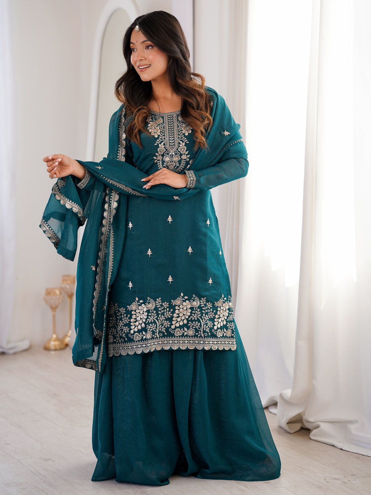 Classis Teal Blue Thread Work Silk Wedding Wear Sharara Suit