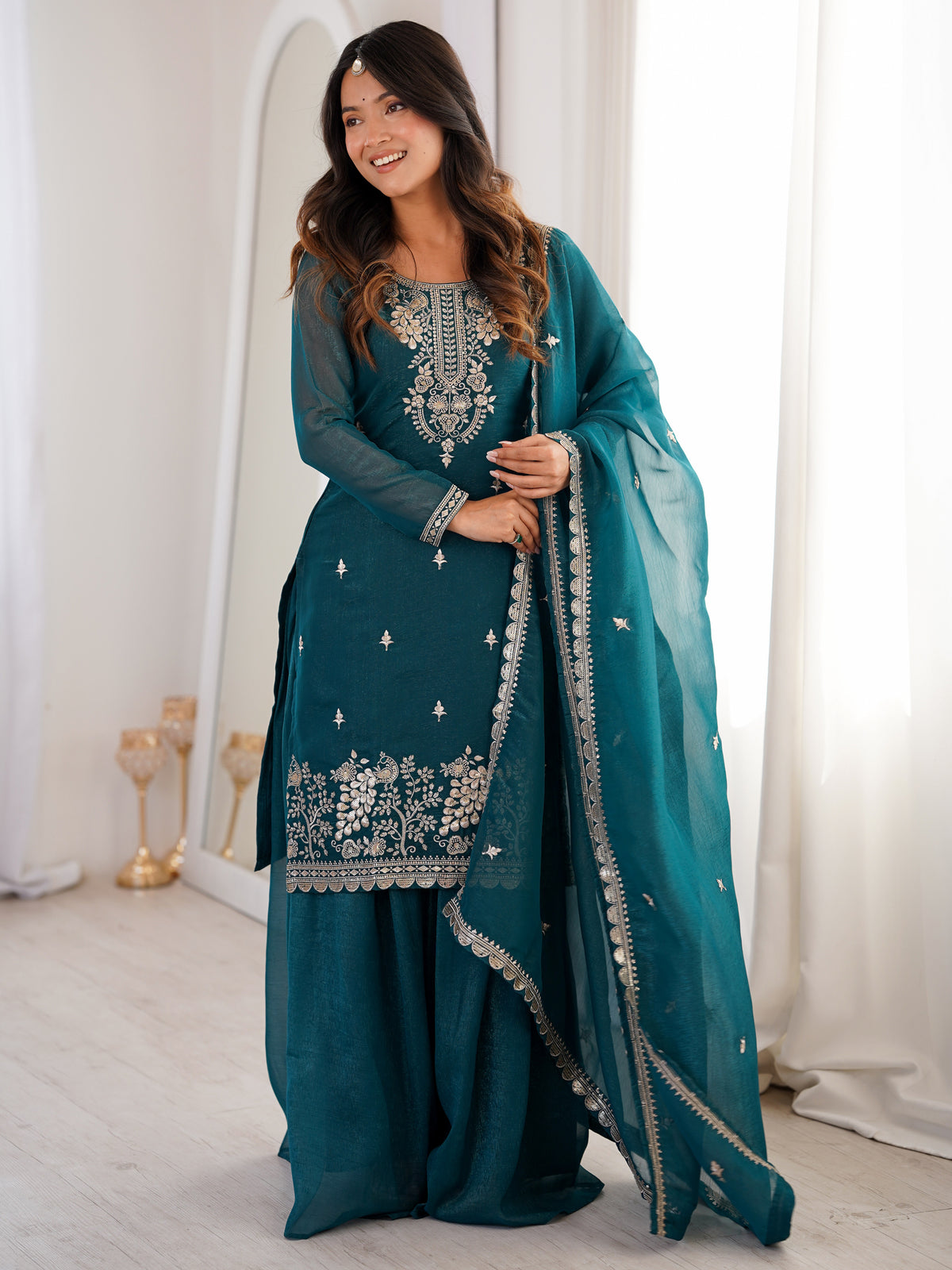 Classis Teal Blue Thread Work Silk Wedding Wear Sharara Suit