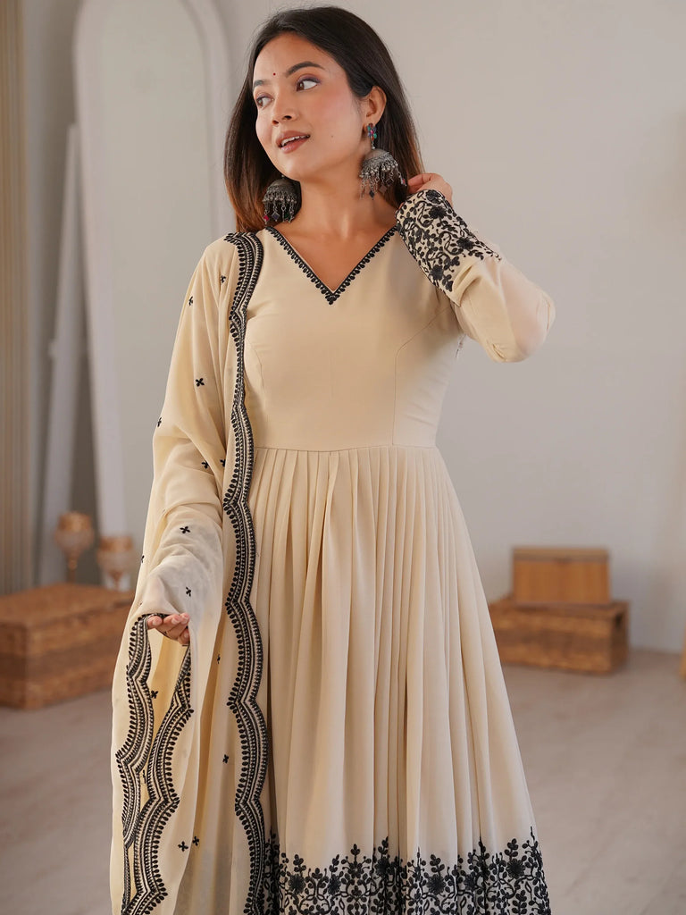 Attractive White Thread Work Georgette Festival Wear Palazzo Suit