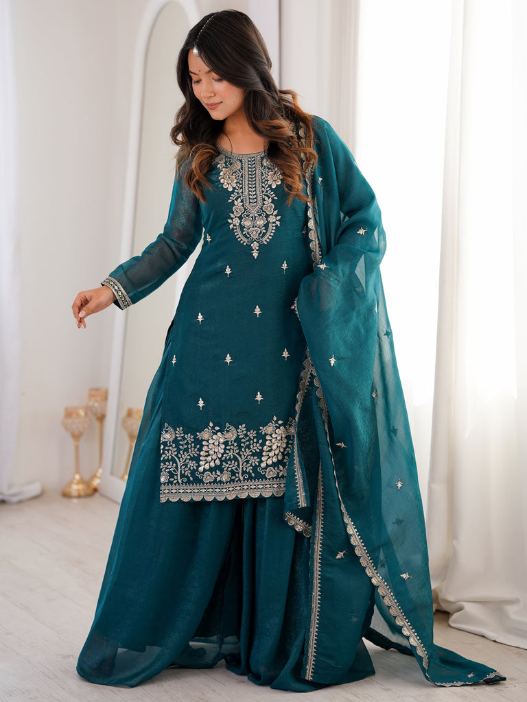 Classis Teal Blue Thread Work Silk Wedding Wear Sharara Suit