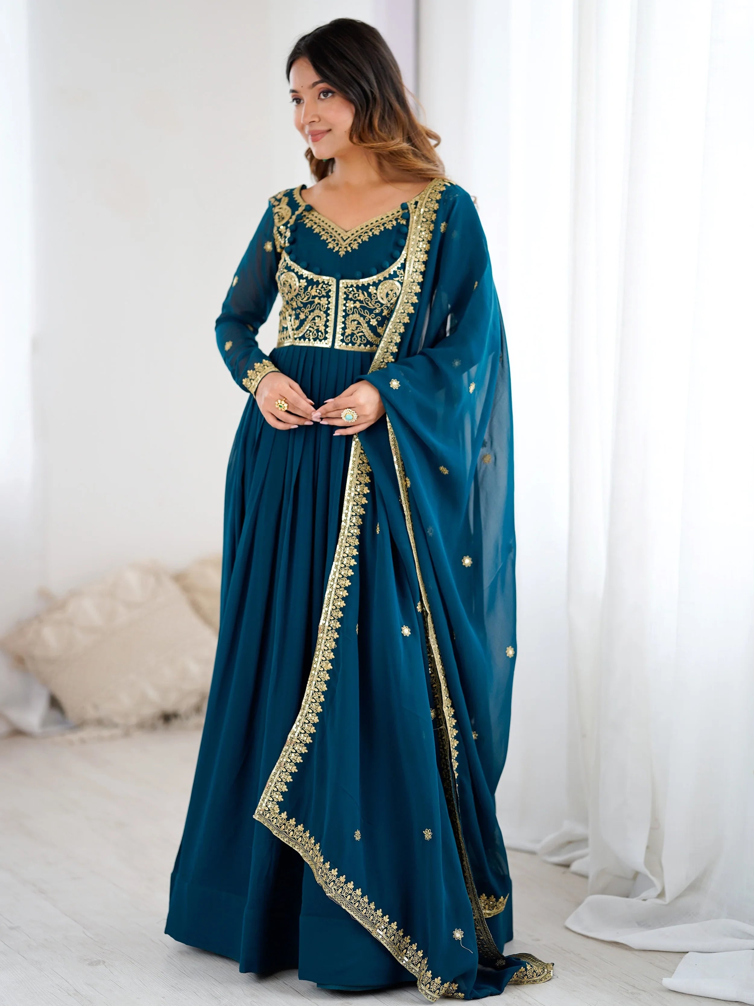 Beautiful Blue Dori Work Georgette Festival Wear Gown With Dupatta