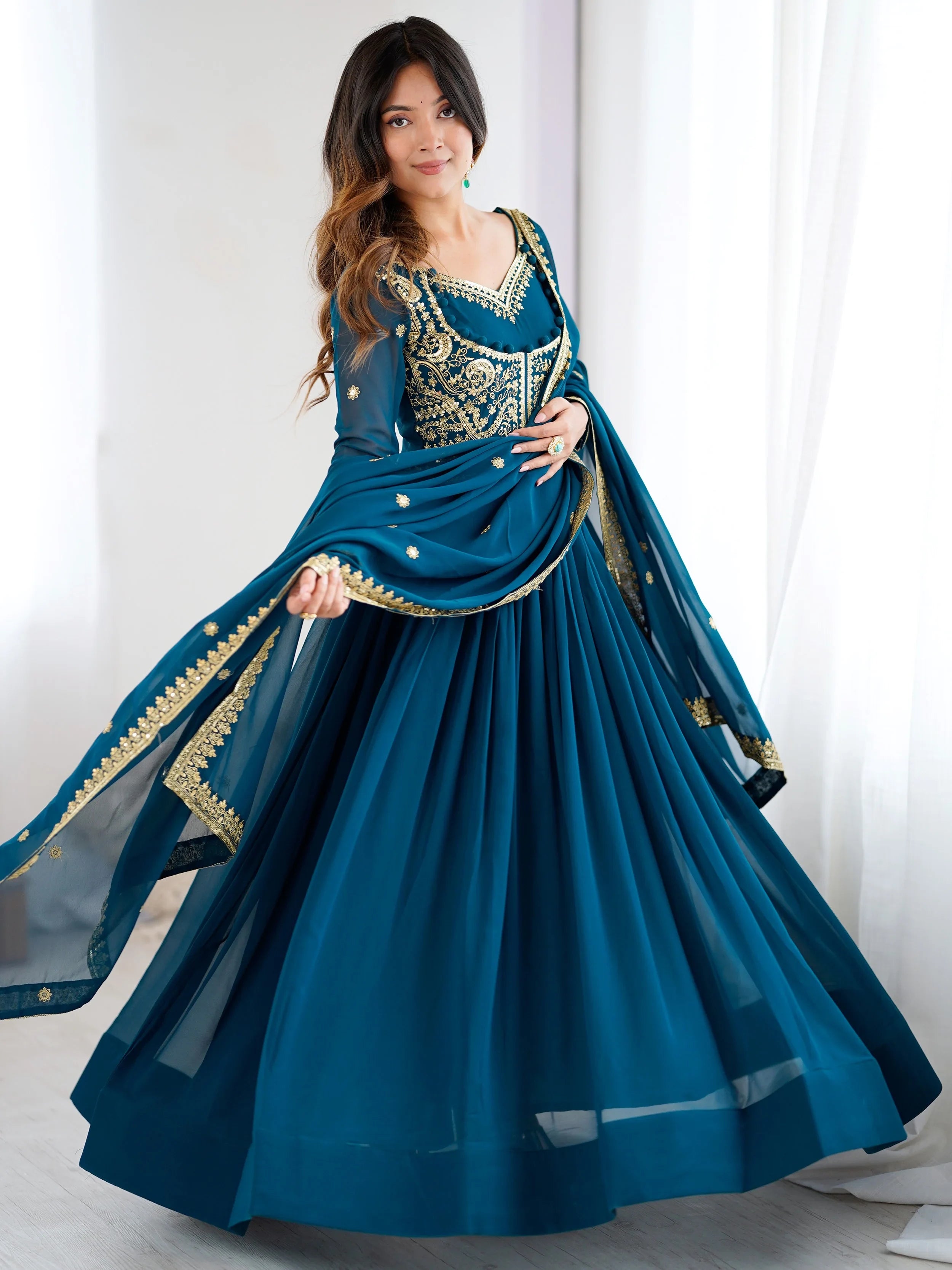 Beautiful Blue Dori Work Georgette Festival Wear Gown With Dupatta