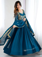 Beautiful Blue Dori Work Georgette Festival Wear Gown With Dupatta