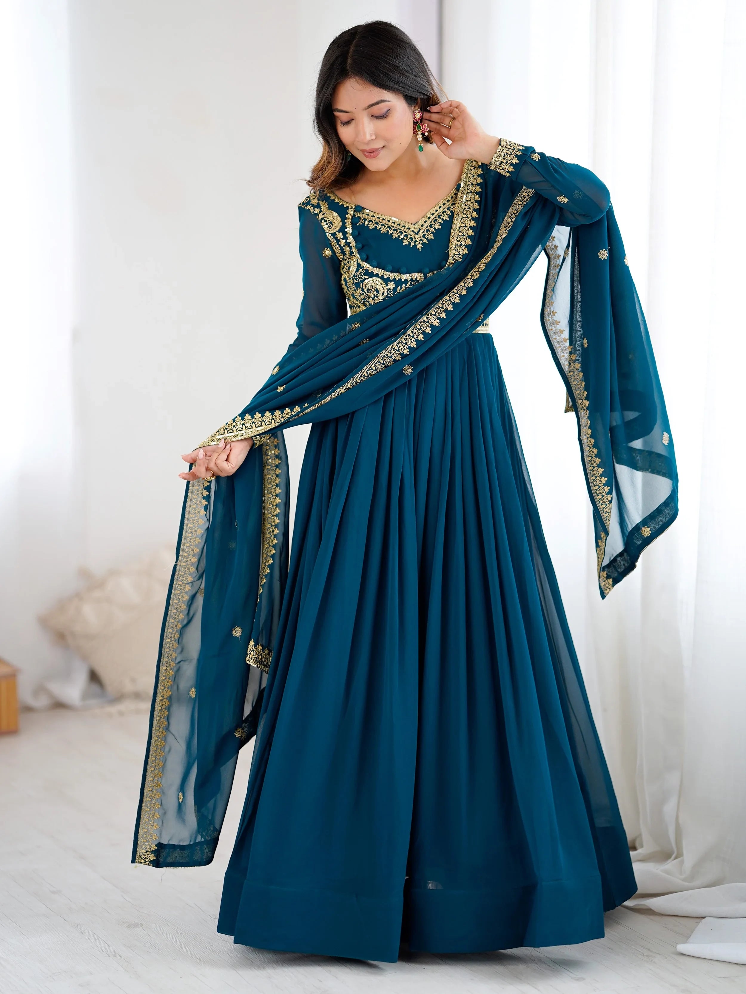 Beautiful Blue Dori Work Georgette Festival Wear Gown With Dupatta
