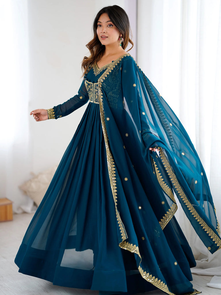 Beautiful Blue Dori Work Georgette Festival Wear Gown With Dupatta