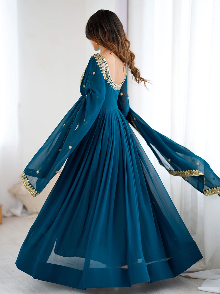 Beautiful Blue Dori Work Georgette Festival Wear Gown With Dupatta