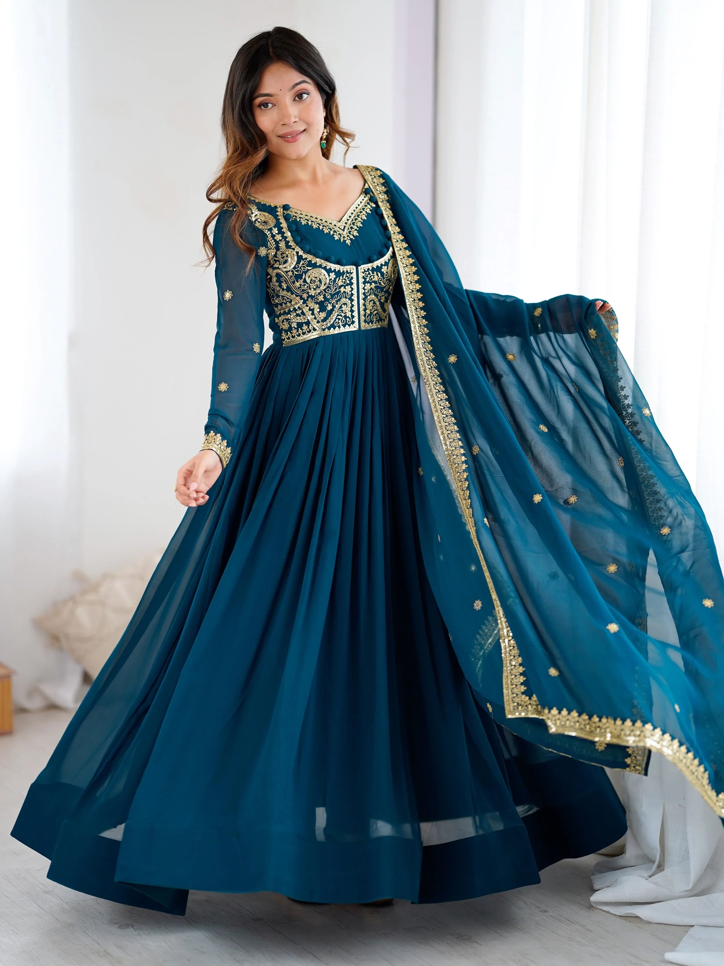 Beautiful Blue Dori Work Georgette Festival Wear Gown With Dupatta