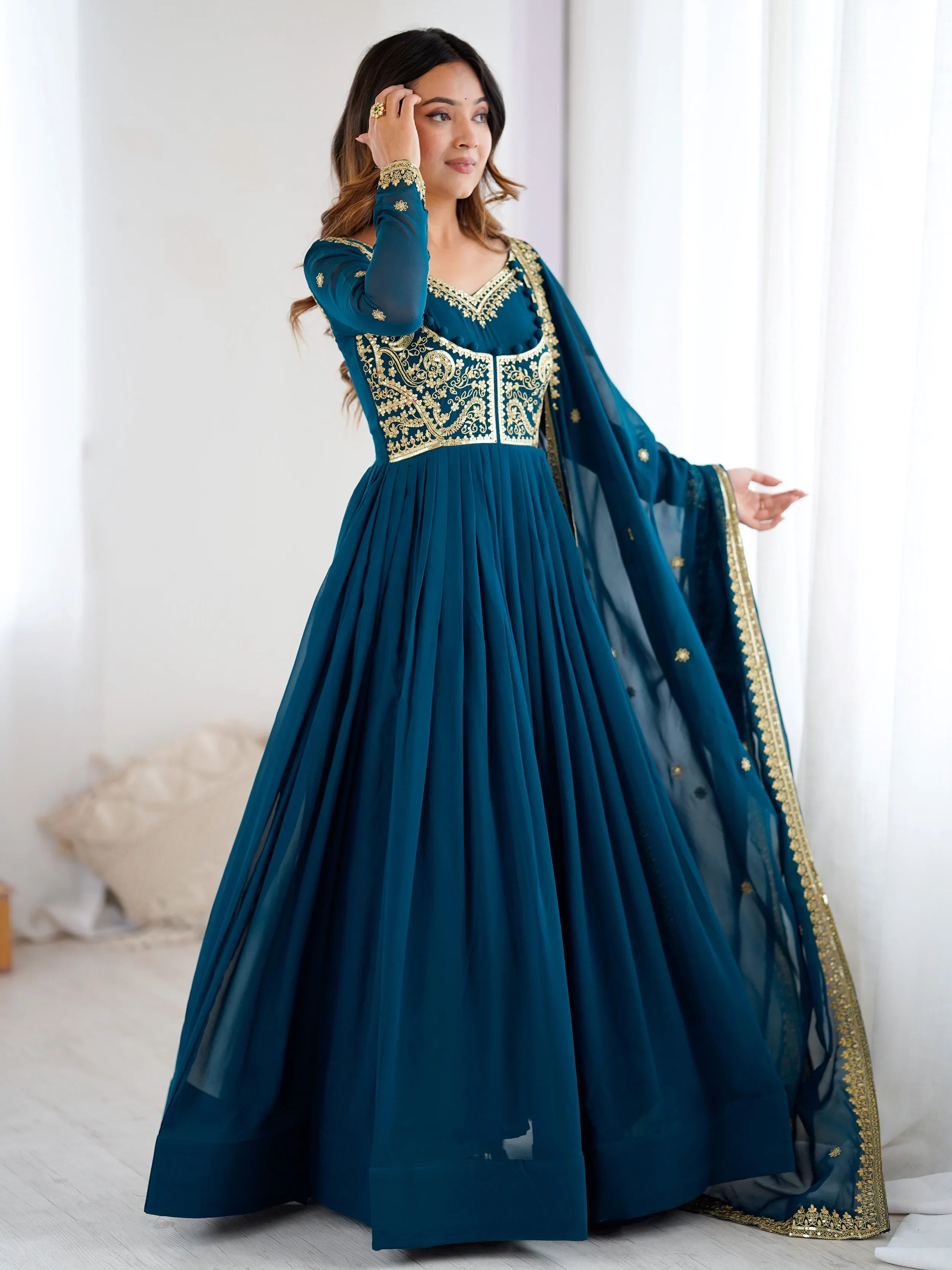 Beautiful Blue Dori Work Georgette Festival Wear Gown With Dupatta