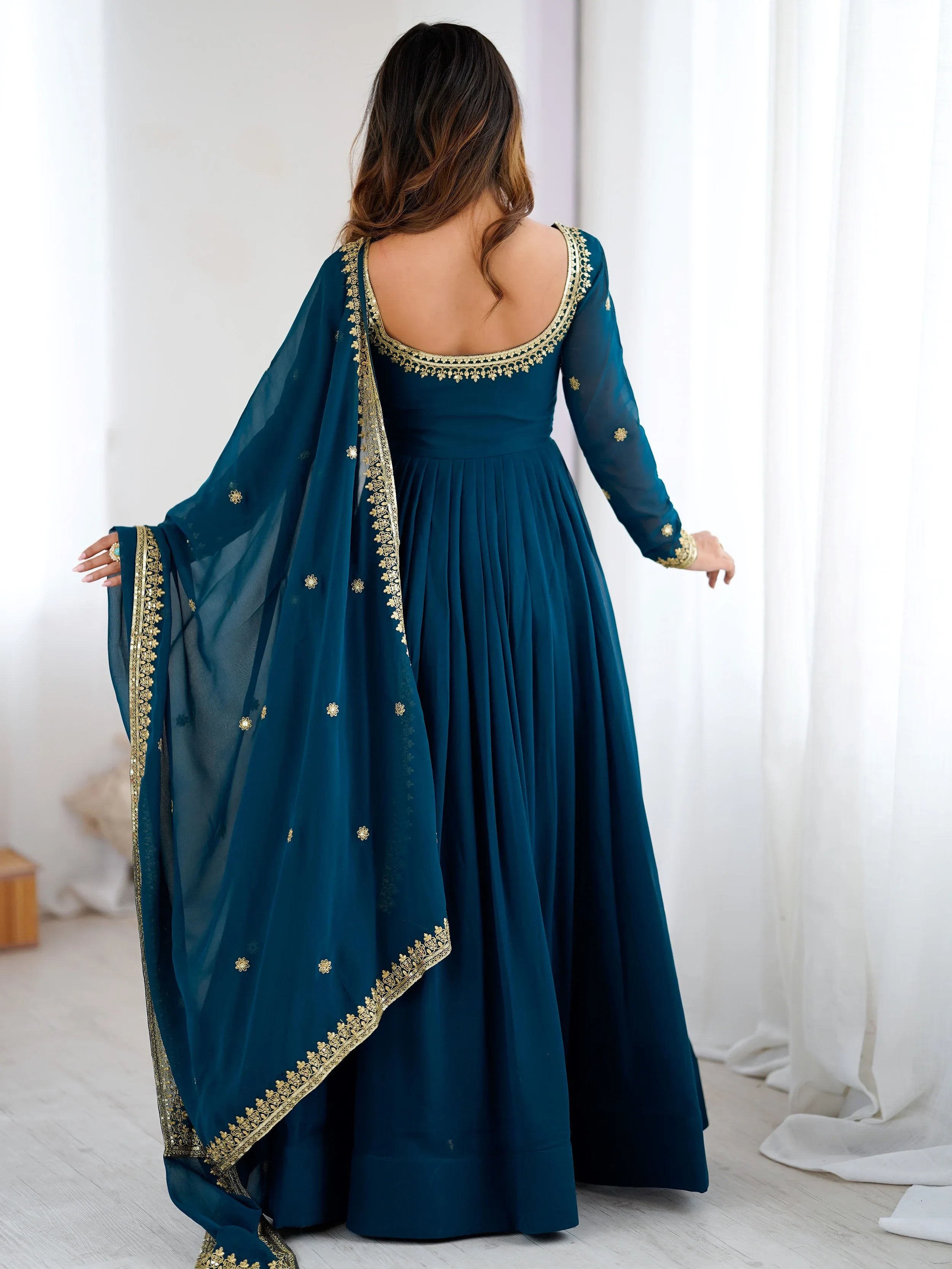 Beautiful Blue Dori Work Georgette Festival Wear Gown With Dupatta