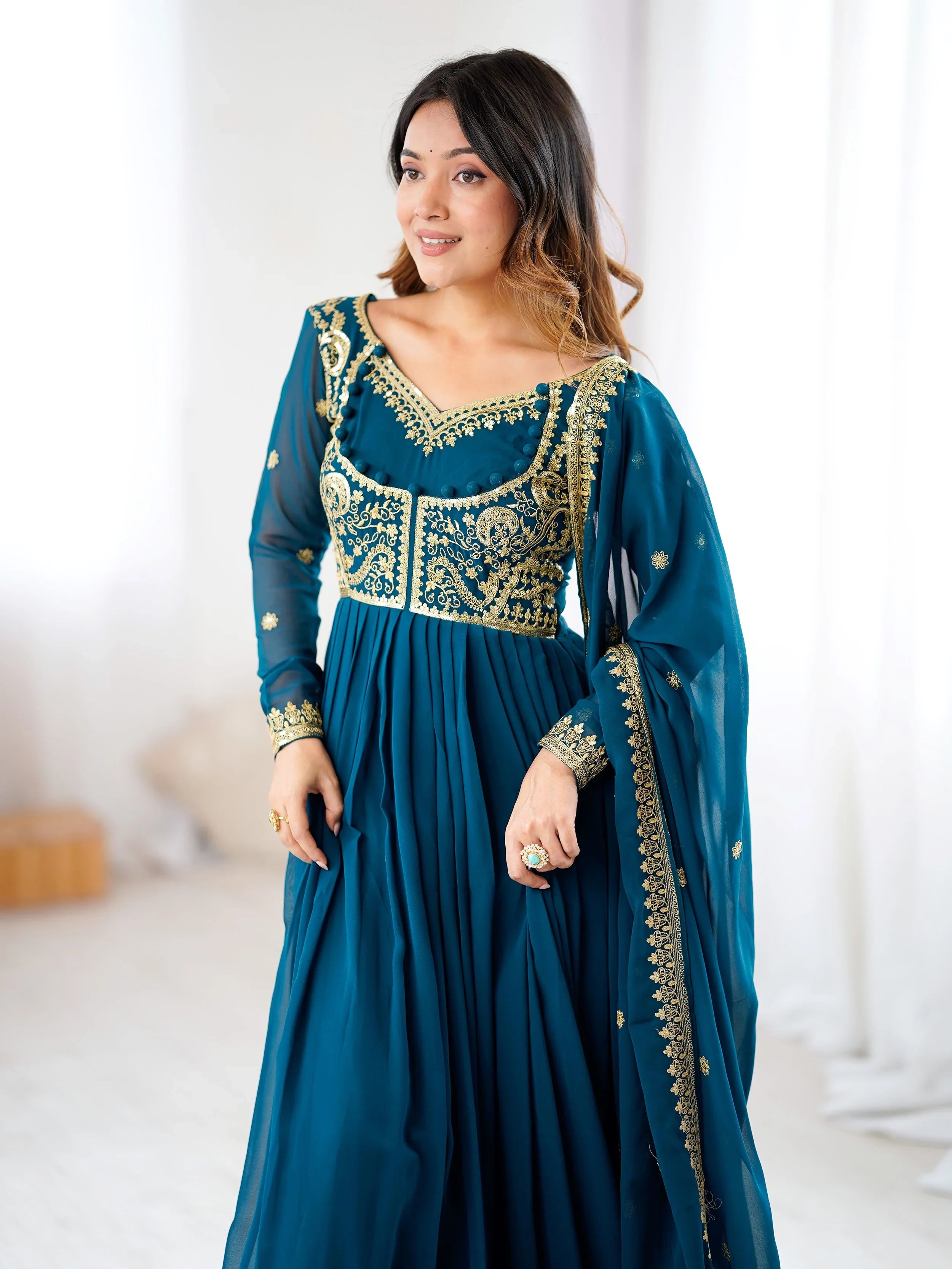 Beautiful Blue Dori Work Georgette Festival Wear Gown With Dupatta