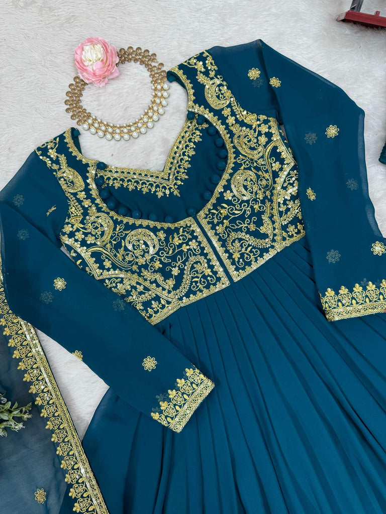 Beautiful Blue Dori Work Georgette Festival Wear Gown With Dupatta
