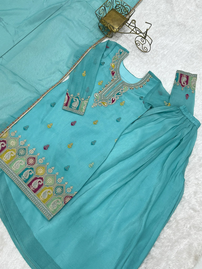 Gorgeous Sky Blue Zari Embroidered Silk Festival Wear Palazzo Suit