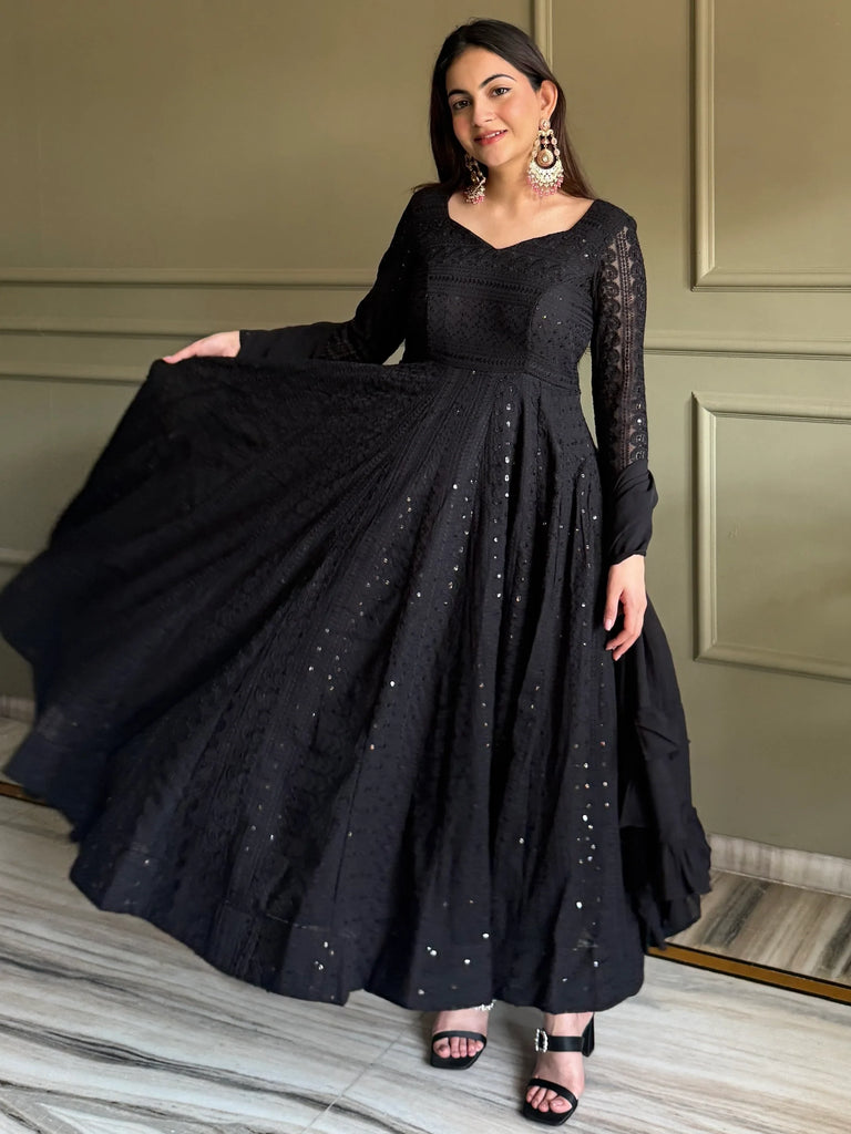Gorgeous Black Sequins Georgette Evening Wear Anarkali Pant Suit
