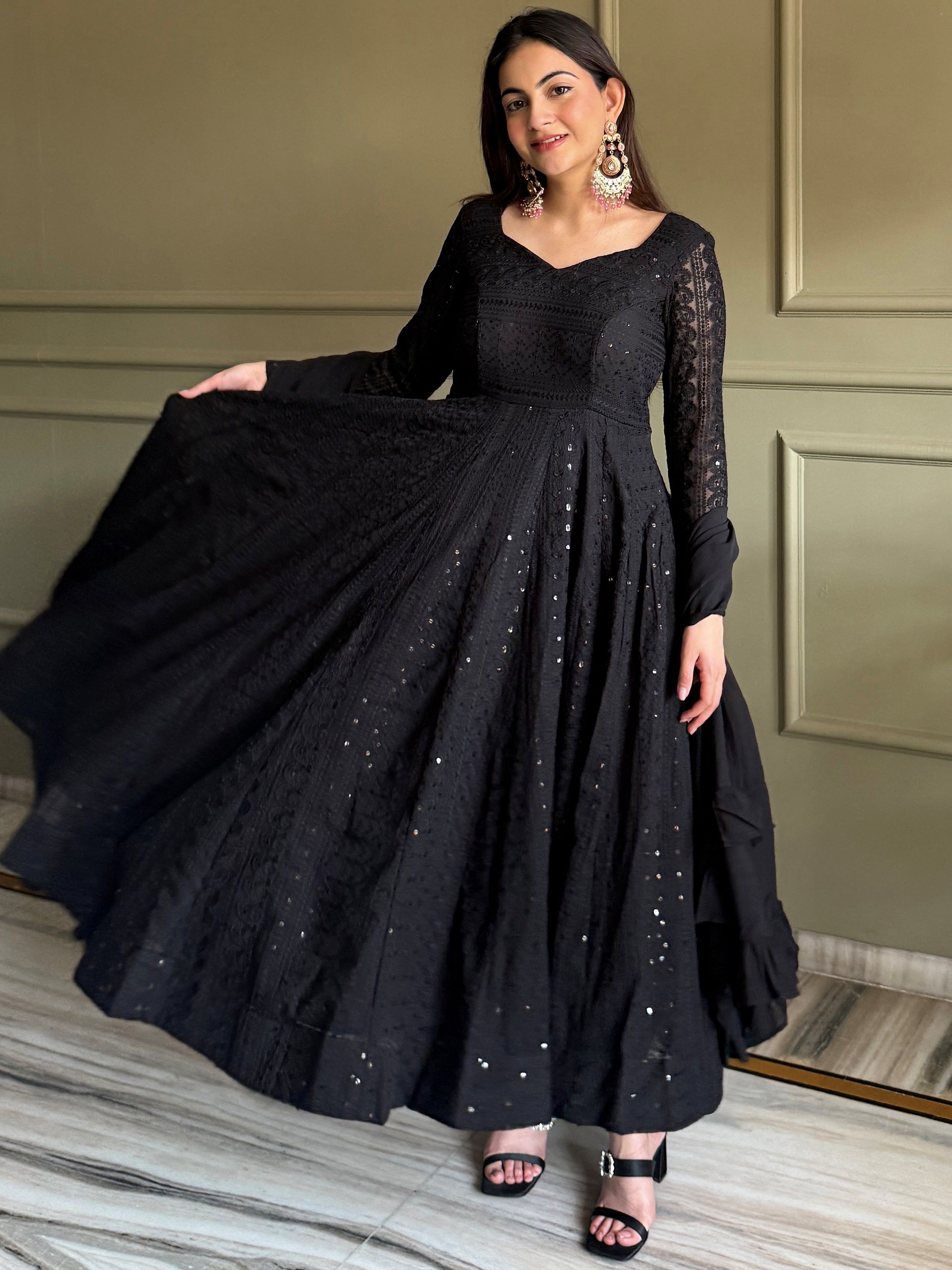 Gorgeous Black Sequins Georgette Evening Wear Anarkali Pant Suit