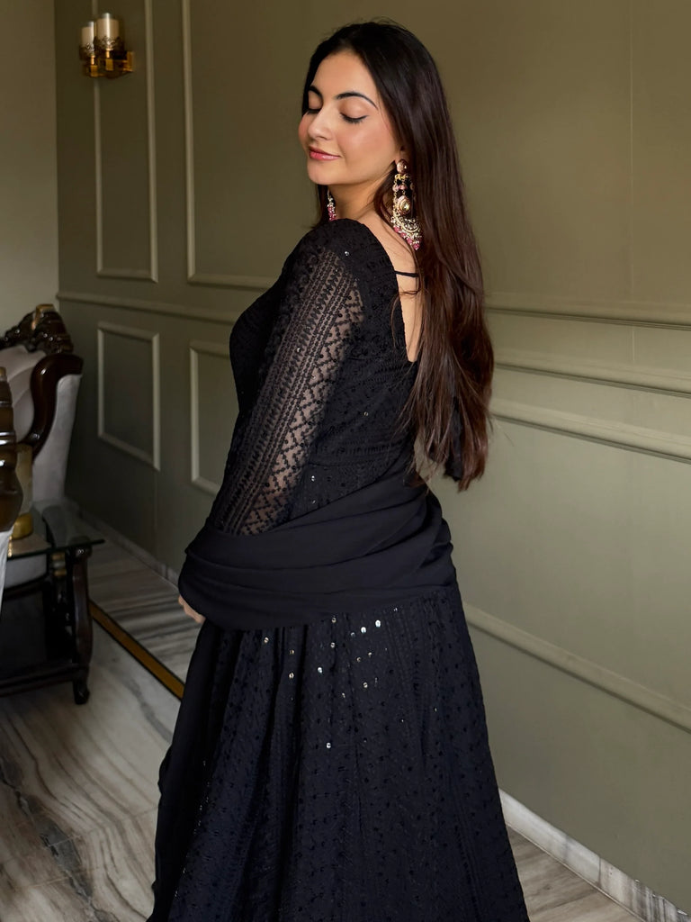 Gorgeous Black Sequins Georgette Evening Wear Anarkali Pant Suit