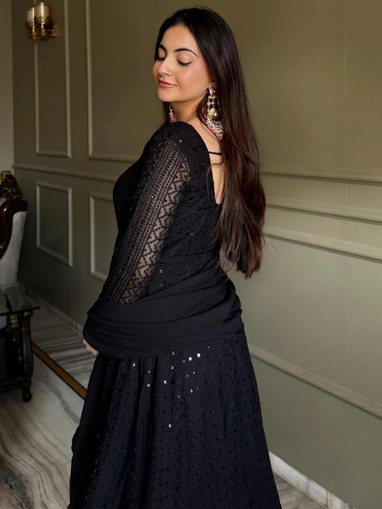 Gorgeous Black Sequins Georgette Evening Wear Anarkali Pant Suit