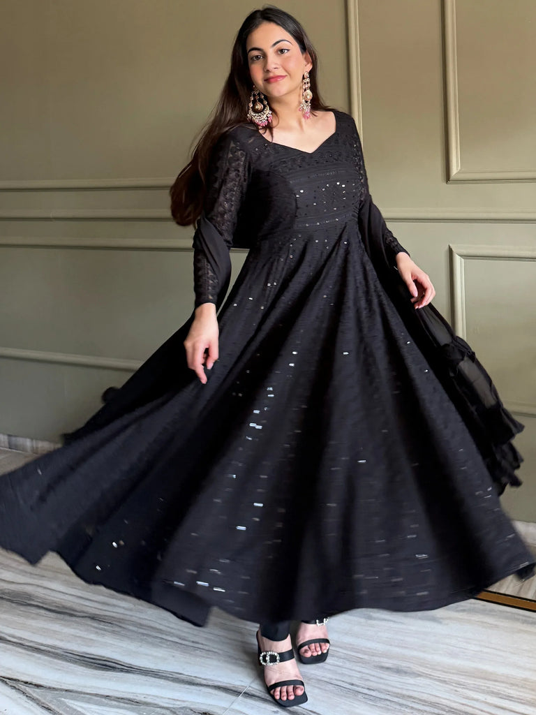 Gorgeous Black Sequins Georgette Evening Wear Anarkali Pant Suit