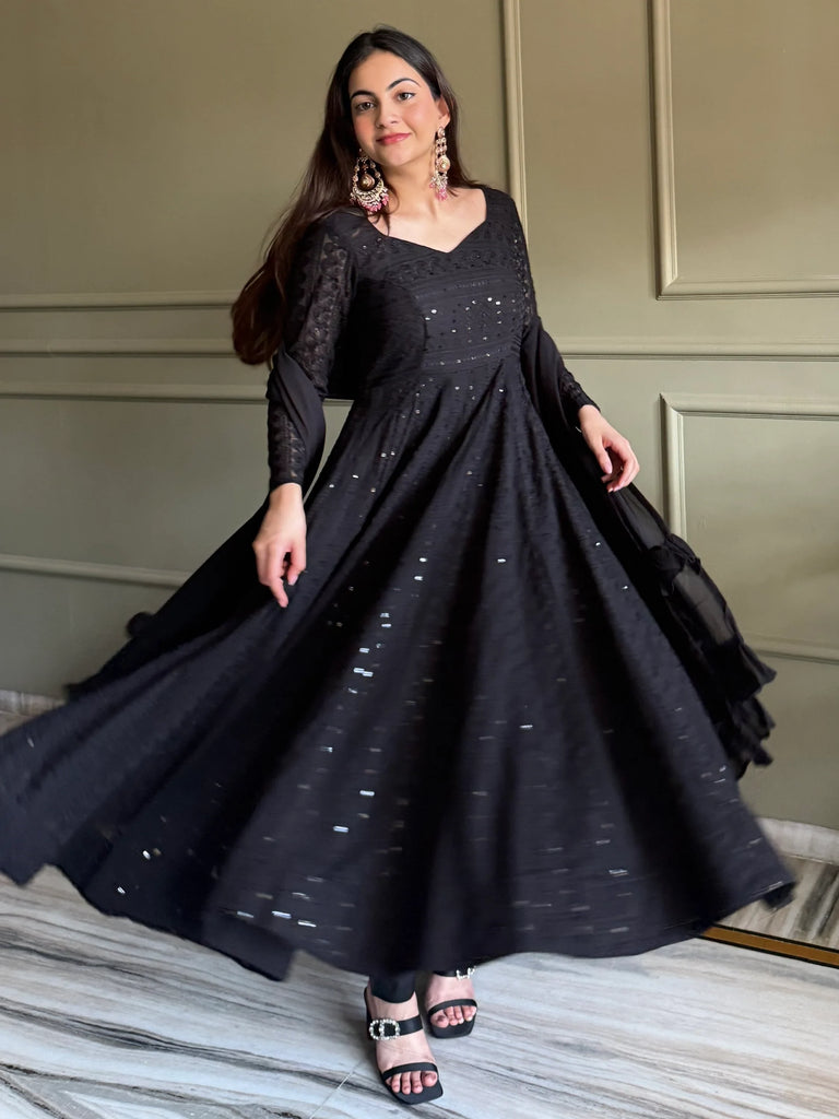 Gorgeous Black Sequins Georgette Evening Wear Anarkali Pant Suit