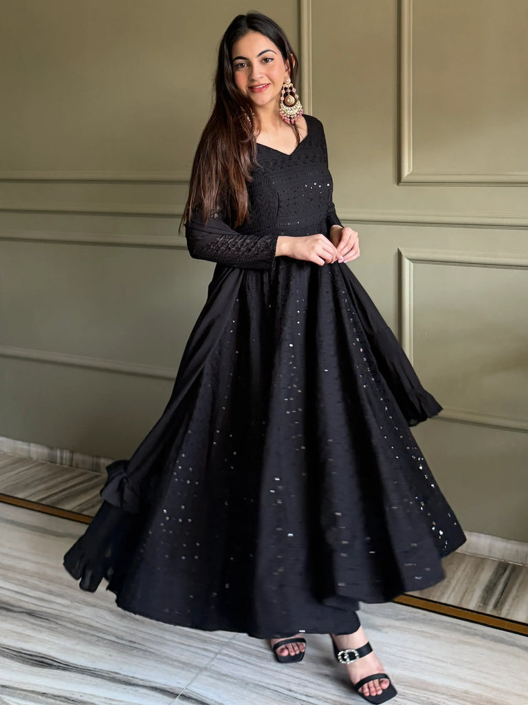 Gorgeous Black Sequins Georgette Evening Wear Anarkali Pant Suit