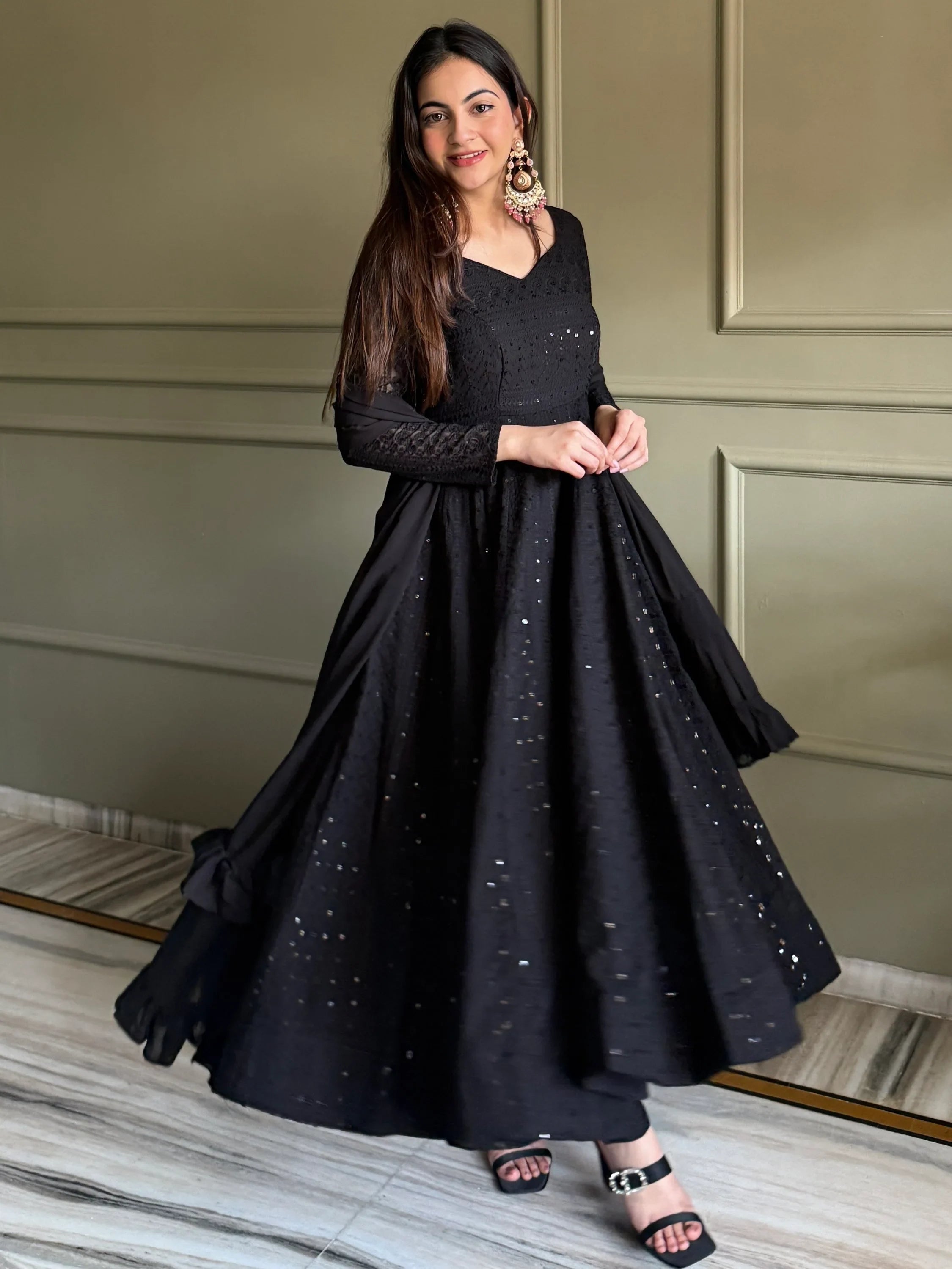 Gorgeous Black Sequins Georgette Evening Wear Anarkali Pant Suit