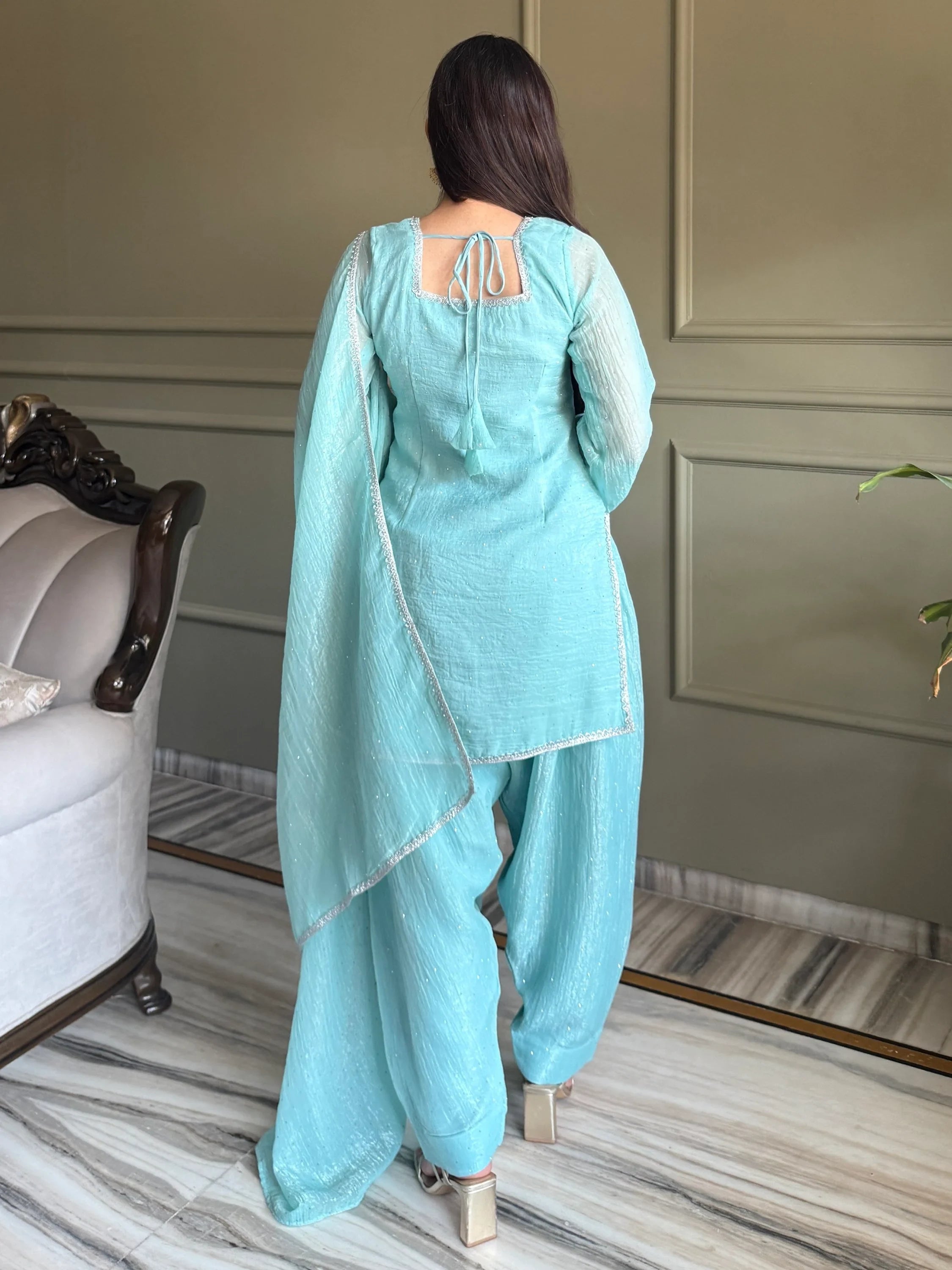 Stunning Sky Blue Lace Work Silk Wedding Wear Salwar Suit