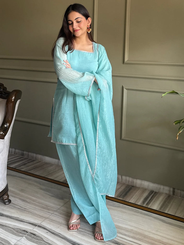 Stunning Sky Blue Lace Work Silk Wedding Wear Salwar Suit