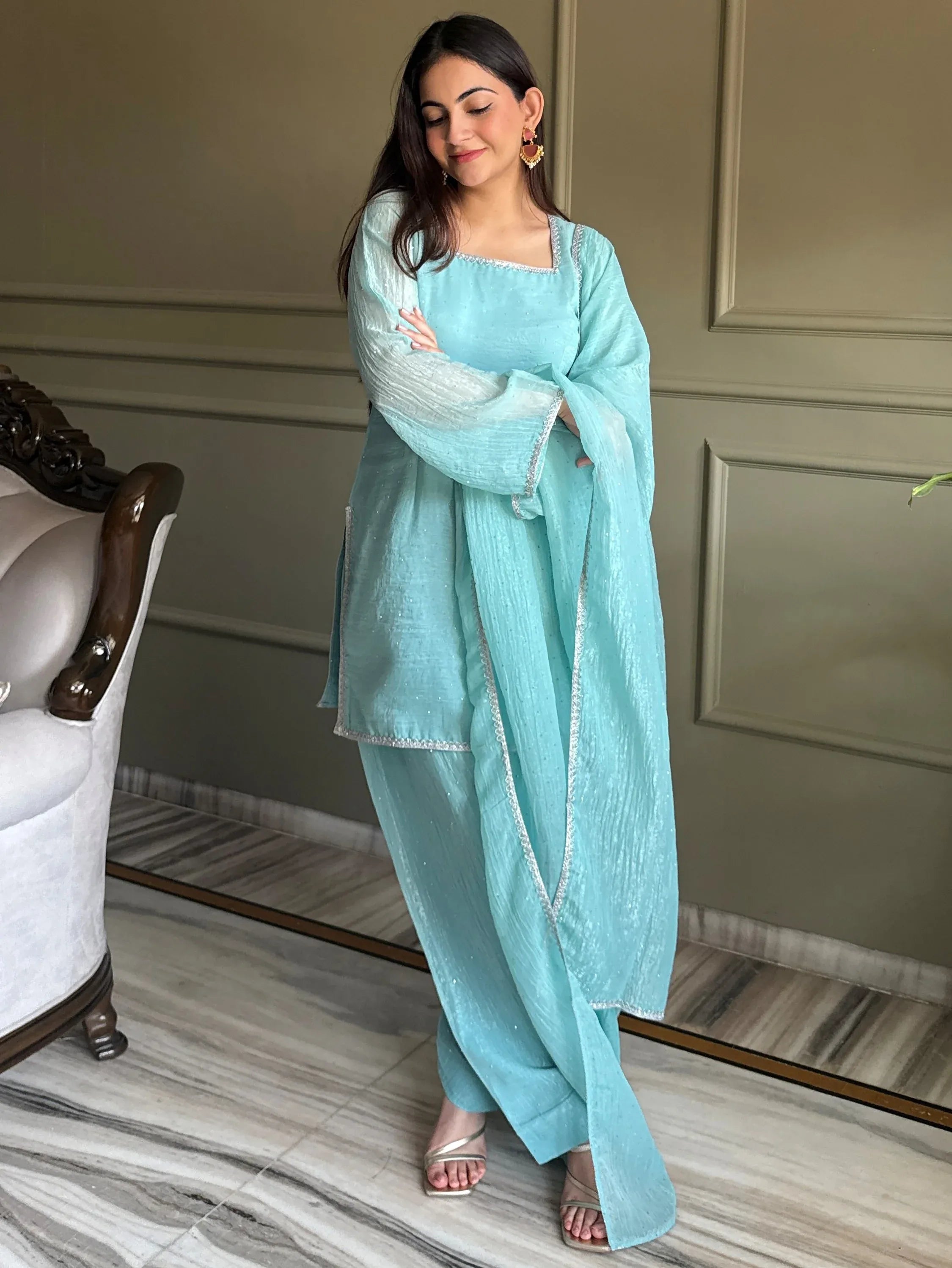 Stunning Sky Blue Lace Work Silk Wedding Wear Salwar Suit