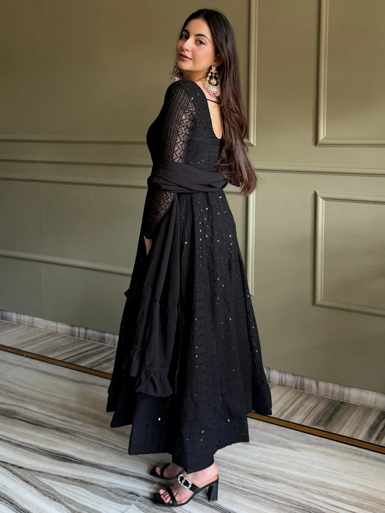 Gorgeous Black Sequins Georgette Evening Wear Anarkali Pant Suit