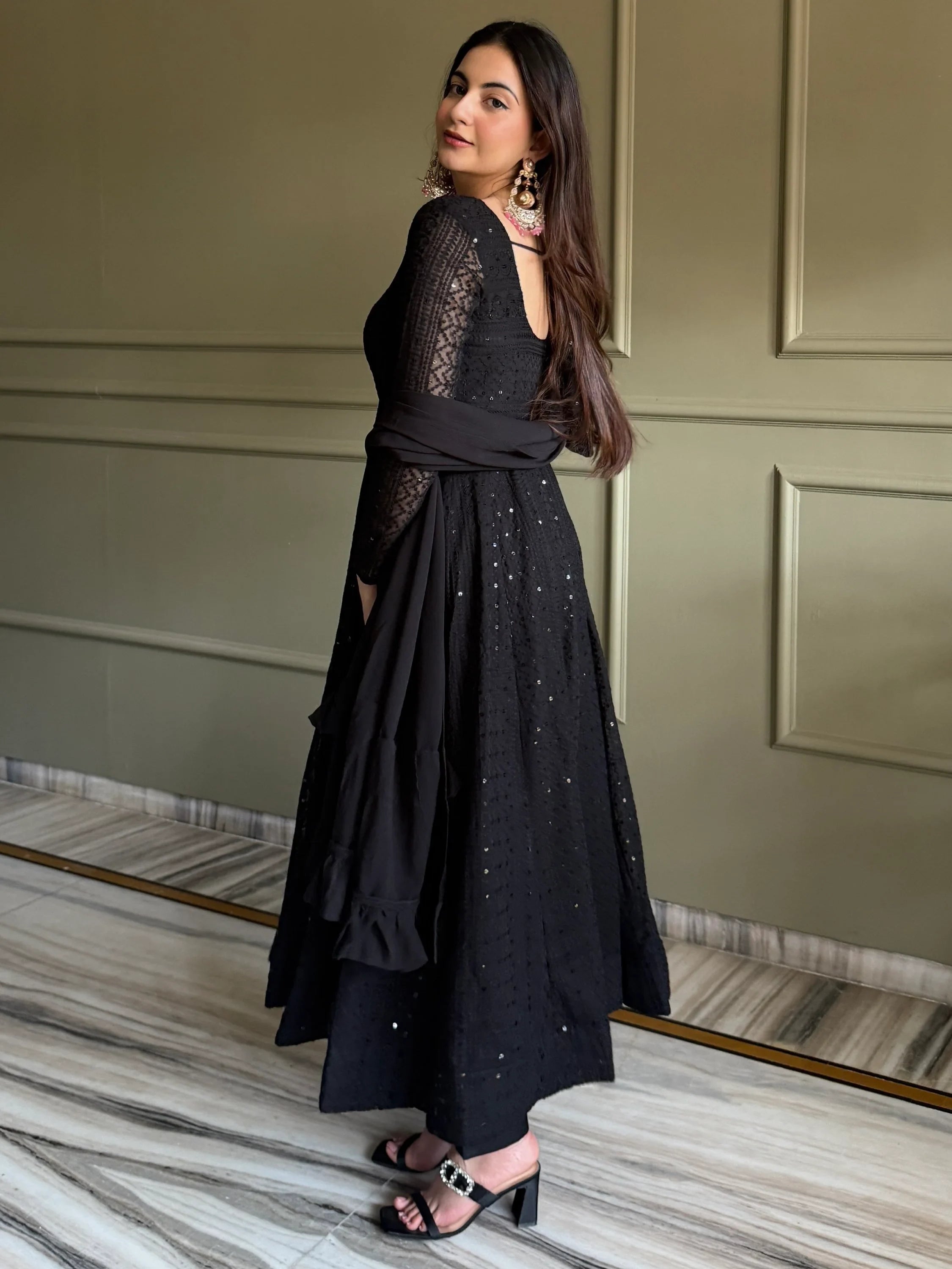 Gorgeous Black Sequins Georgette Evening Wear Anarkali Pant Suit