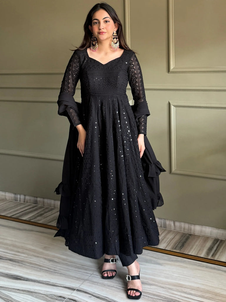 Gorgeous Black Sequins Georgette Evening Wear Anarkali Pant Suit